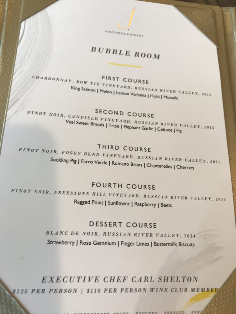 Menu at the Bubble Room